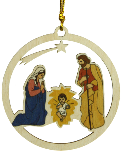 [KST-35M002] Pendentif sapin bois - Boule/Ste Famille couleur (Ø80mm)