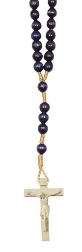 [RZK-57M01BL] Chapelet - perles en bois/bleu + croix en bois/corde - palissandre (8x6mm)