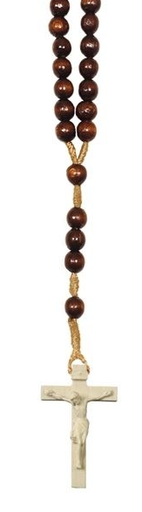 [RZK-57M01BR] Chapelet - perles en bois/brun + croix en bois/corde - palissandre (8x6mm)