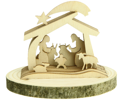 [KGR-07M02] Hl. Familie in Stall 3D auf Sockel -Holz/Natur (6x7,5cm)
