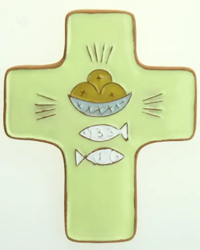 [MKR-58VG109D] Ceramic cross - Bread & Fish - green-yellow (95x120mm)