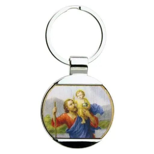 [SLH-35M002KRI] Porte-clef St Christophe - ronde/métal/bambu ((Ø40/75mm)