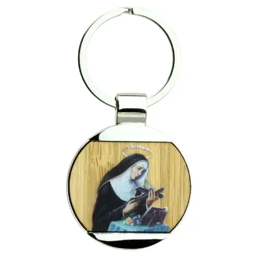 [SLH-35M002RIT] Porte-clef Ste Rita - ronde/métal/bambu (Ø40/75mm)