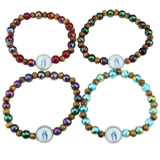 [ARM-35M008] Bracelet child - elastic/wood + glass/assorti - Our Lady
