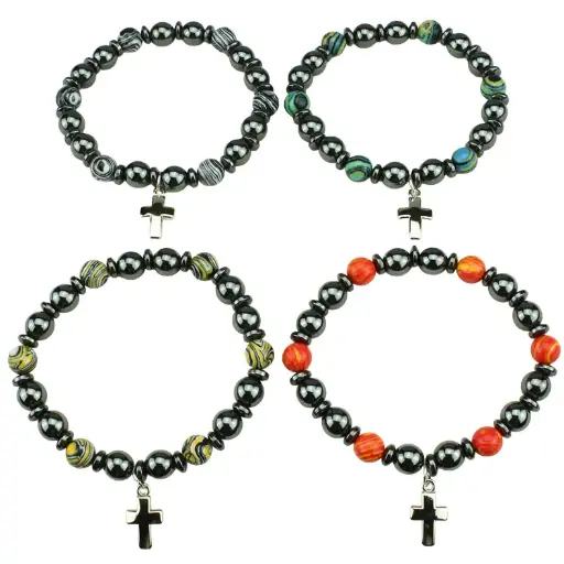 [ARM-35M009] Armband - elastisch/Hematite + gekleurde parel/assorti