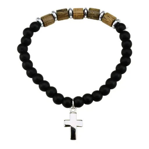 [ARM-35M011] Armband - elastisch/hout + zwarte glasparel