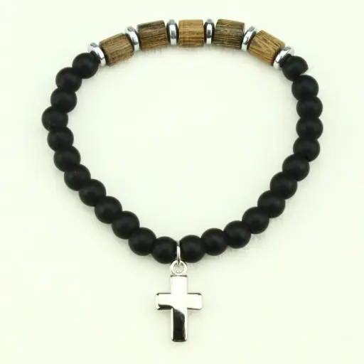 [ARM-35M011] Bracelet - elastic/wood + black glass pearl