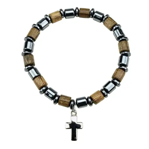 [ARM-35M012] Armband - elastisch/hout + hematite parel