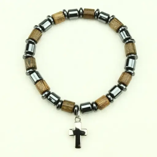 [ARM-35M012] Bracelet - elastic/wood + hematite pearl