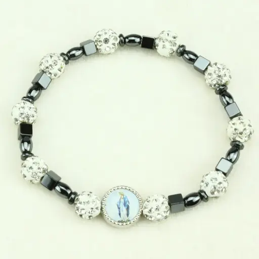 [ARM-35M016] Bracelet/élastique - perle ématite - Vierge Miraculeuse