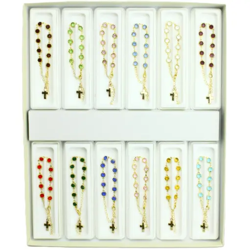 [ARM-35DIS02] Présentoir avec 12 Bracelets/doré - imitation cristal/≠ couleurs