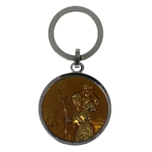 [SLH-45KRI005] Sleutelhanger St Kristoffel - metaal/cognac email (80x40mm)