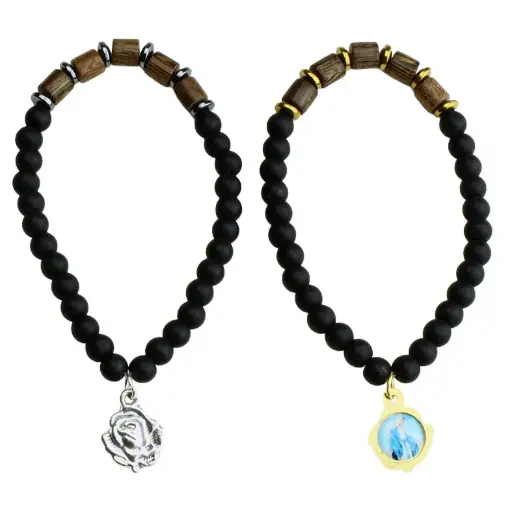 [ARM-05M02] Bracelet/élastique - pierre de lave/bois (Ø6mm)