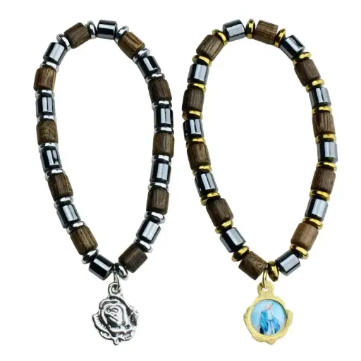 [ARM-05M04] Bracelet/elastic - Hematite/wood (Ø6mm)