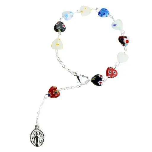 [ARM-40M01] Armband/tientje met slot - hartjes/Murano assorti