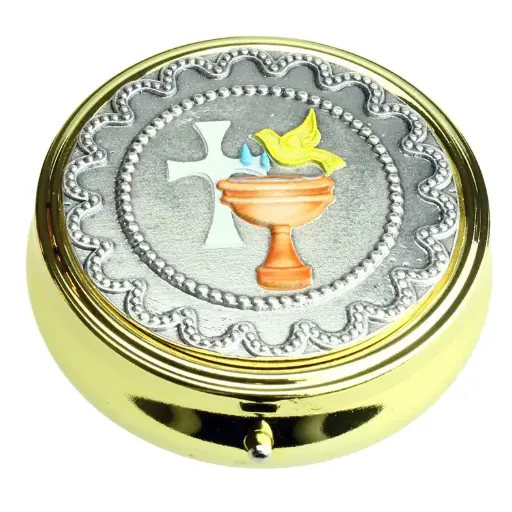 [HSD-11BAT01] Hostiedoosje  'Duif-Kruis-doopvont'/gekleurd- D 40mm